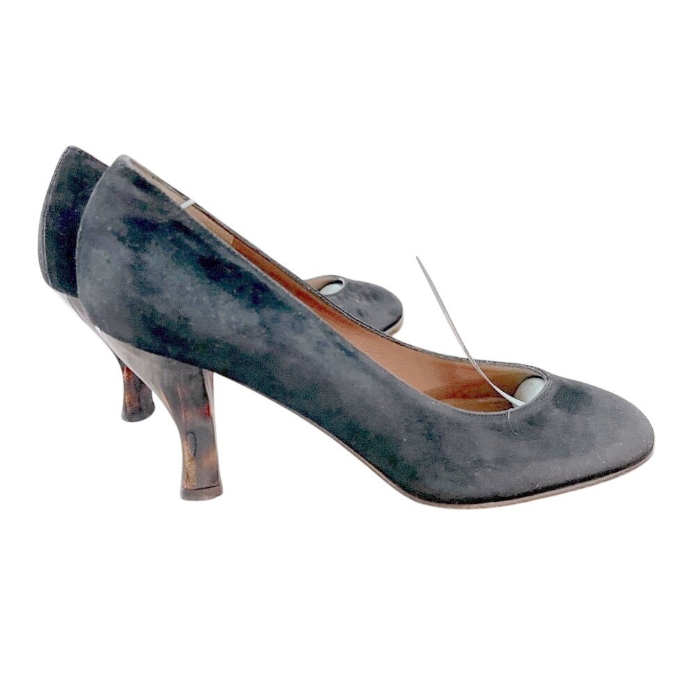 Salvatore Ferragamo Black Suede Tortoise Kitten Heel Pumps DE 58915 7.5 2A‎